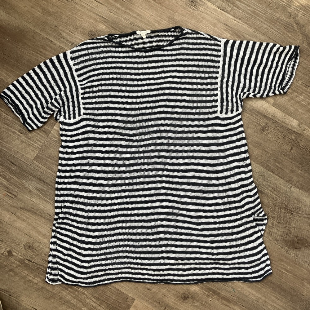 EILEEN FISHER Sweater L‎ Organic Linen Tunic Striped Short Sleeve Gray White